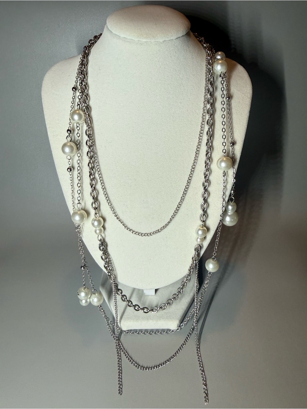 Layered Silver Chain Necklace with White Pearl Accents